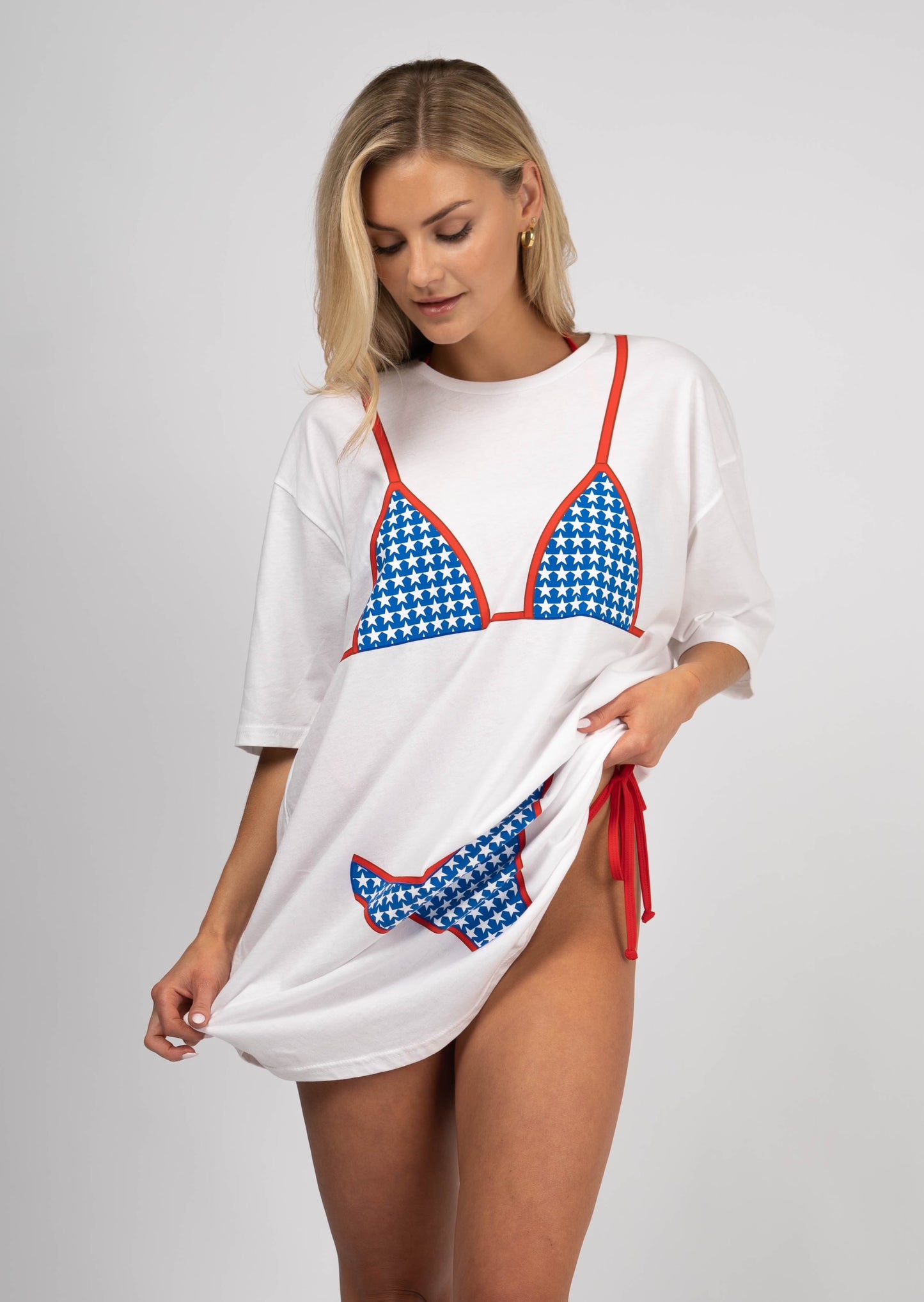 star print bikini graphic t shirt dress -funny bikini silhouette oversized t shirt - 4th of July graphic tee - fun beach cover up - 4th of July outfit inspo